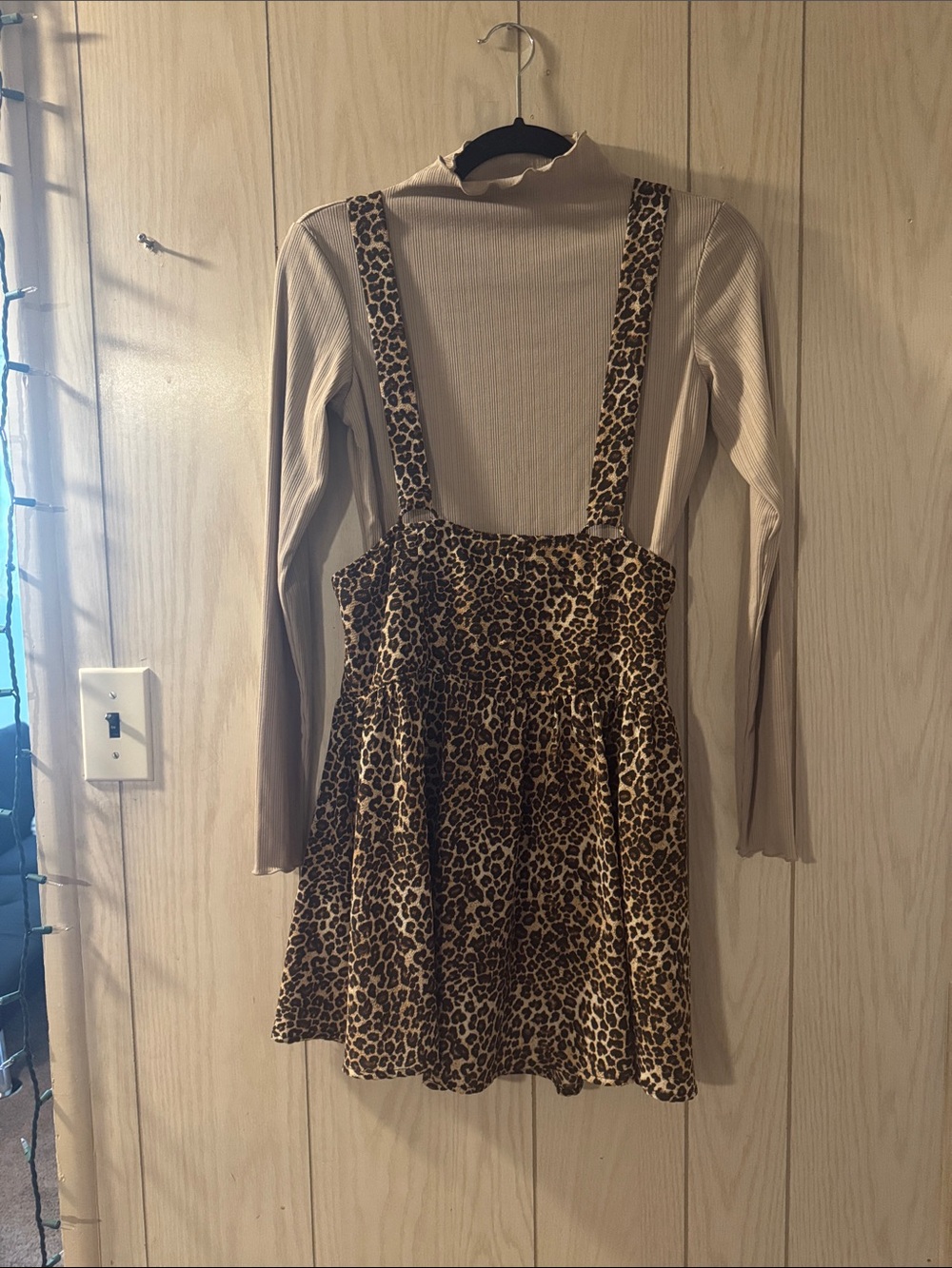 Leopard Print Suspender Skirt with Cream Long Sleeve Top